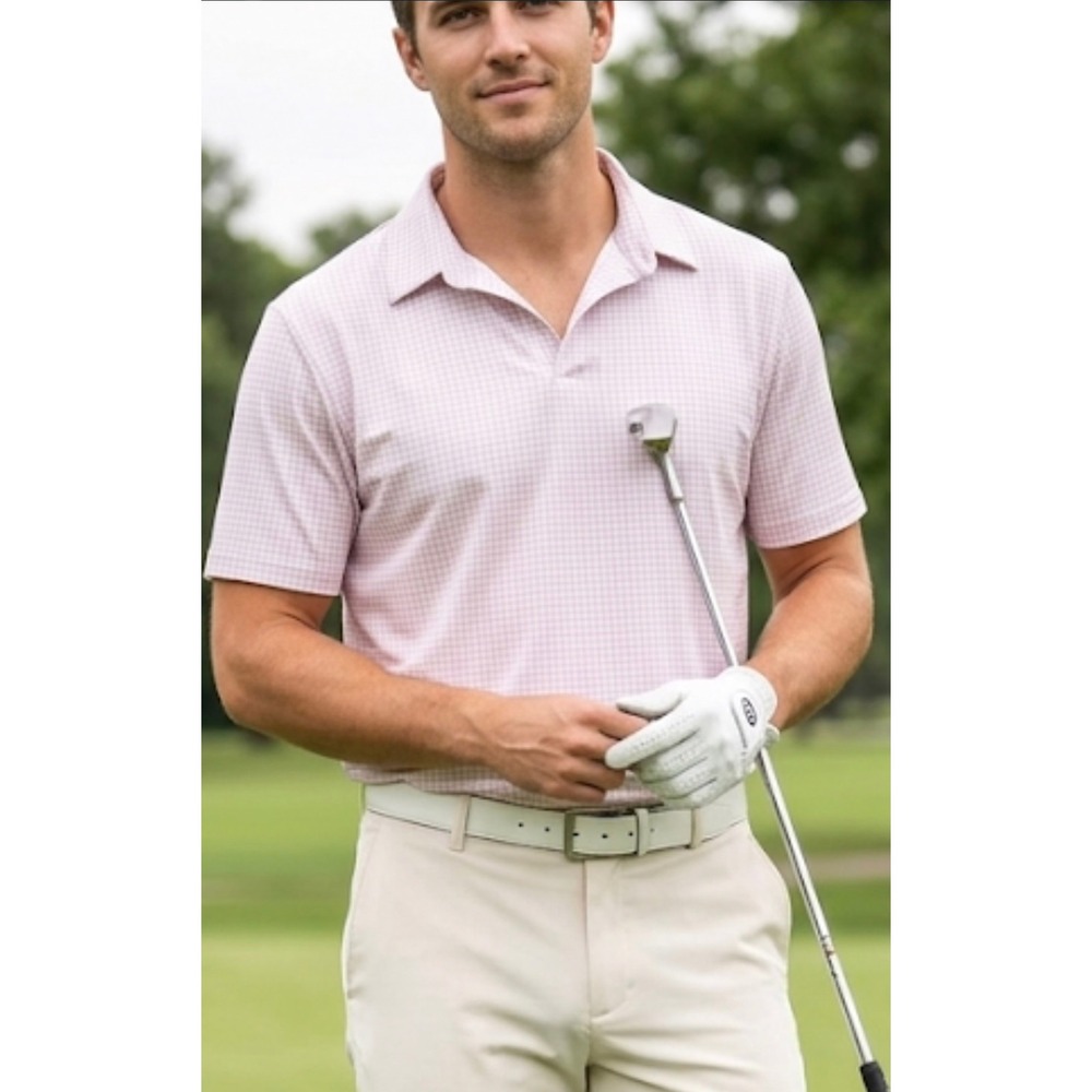 Pops Polo Shirt Mens Large Pink Gingham KP006 Golf Performance Stretch V-Neck‎